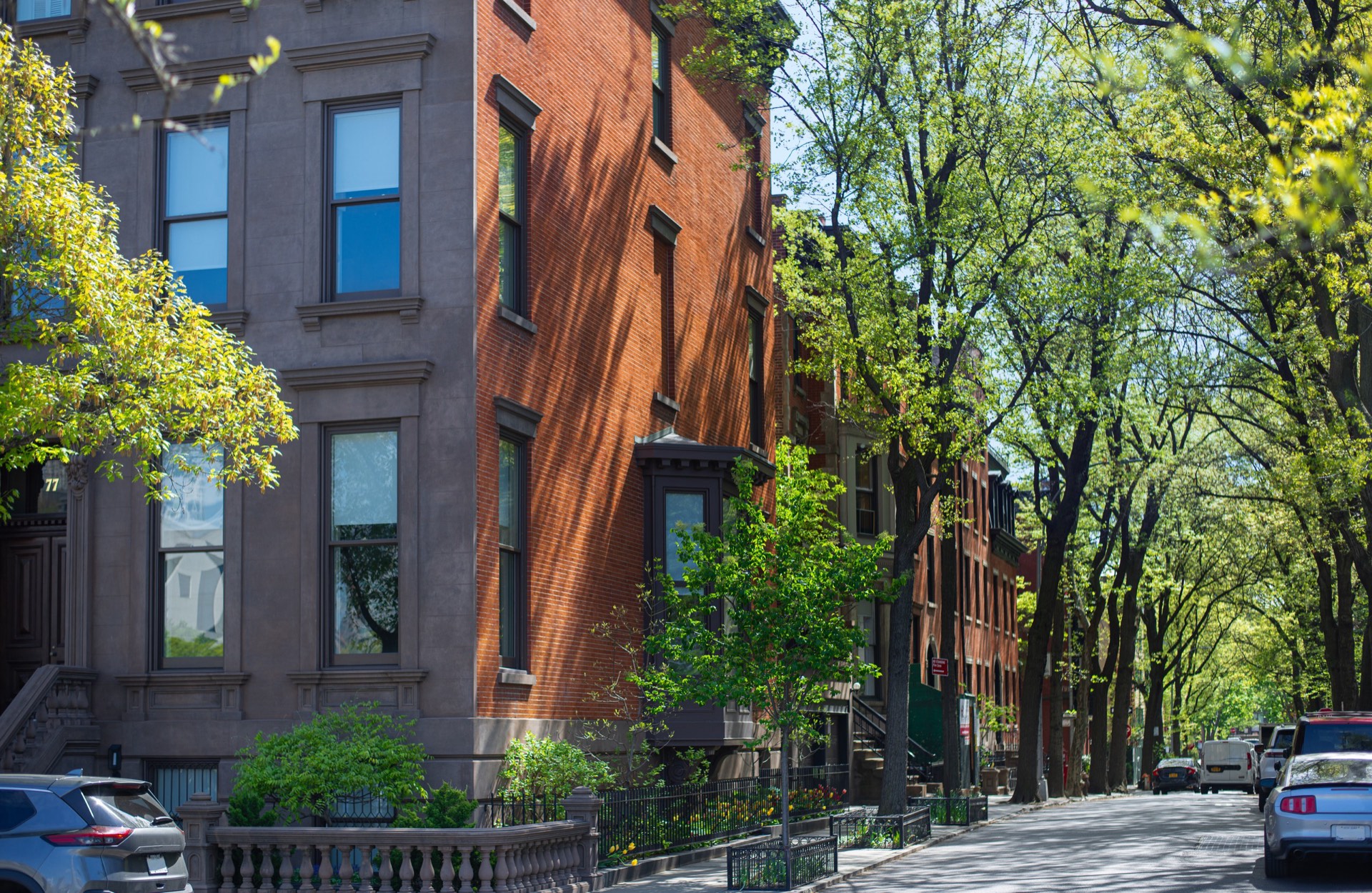 A tree-lined Brooklyn Heights street of classic brownstone townhouses